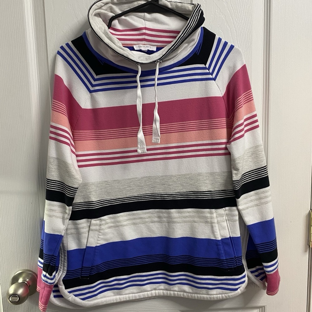 Talbots Sweatshirt Women's Sz. LP Drawstring Funnel Neck Striped Kangaroo Pocket